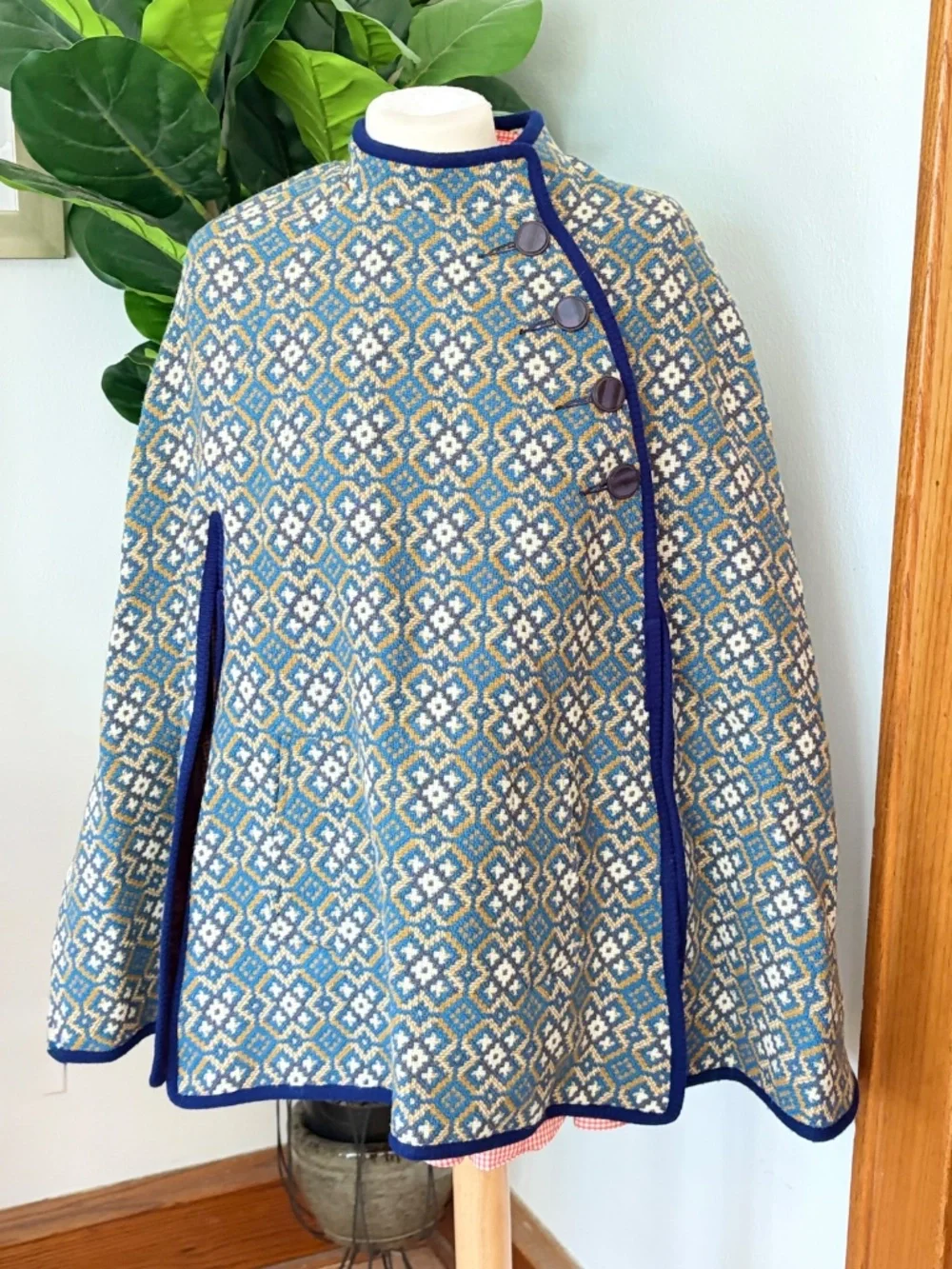 Vintage Welsh Wales Wool Tapestry Geometric Print Gold Blue White Asymmetric